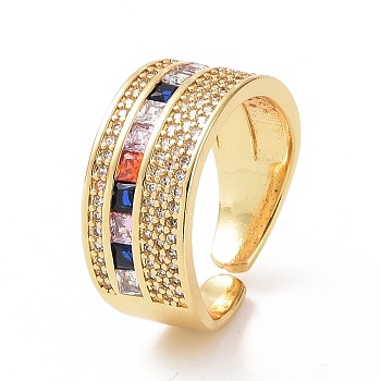 Colorful Cubic Zirconia Rectangle Open Cuff Ring, Brass Jewelry for Women, Real 18K Gold Plated, Inner Diameter: 17mm