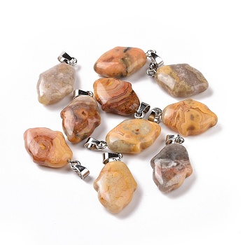 Natural Crazy Agate Pendants, Hamsa Hand Charms, with Platinum Plated Alloy Snap on Bails, 24~24.5x15x7mm, Hole: 5.5x3mm