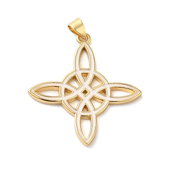 Rack Plating Brass Enamel Pendants, Lead Free & Cadmium Free, Real 18K Gold Plated, Long-Lasting Plated, Witch Knot Charm, White, 33x30.5x2mm, Hole: 4x3.5mm