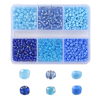936Pcs 6 Style Glass Seed Round Beads, Opaque & Transparent & Silver Lined Colors, Small Craft Beads for DIY Jewelry Making, Blue, 3~4x2~3mm, Hole: 0.8~1mm, about 156Pcs/style