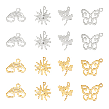 DICOSMETIC 32Pcs 8 Style 304 Stainless Steel Charms, Laser Cut, Rainbow & Dragonfly & Sun & Butterfly, Mixed Color, 10.5~13.5x8~11x1~1.4mm, Hole: 1~1.5mm,  4pcs/style