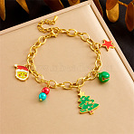 Christmas Theme 304 Stainless Steel Charm Bracelets for Women, Christmas Tree & Santa Claus, with Plastic & Enamel, Golden, 6-5/8 inch(16.8cm)(BJEW-Z142-05G)