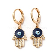 Hamsa Hand with Evil Eye Real 18K Gold Plated Brass Dangle Leverback Earrings, with Enamel and Cubic Zirconia, Midnight Blue, 30.5x11mm(EJEW-Q797-04B-01G)