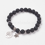 Natural Lava Rock Stretch Bracelets, with Alloy Pendants & Bead Spacers, Tree of Life and Flower, Burlap Packing, 2 inch(5cm)(BJEW-JB03772-01)