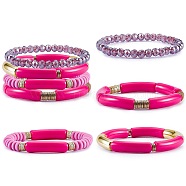 4Pcs 4 Style Acrylic Chunky Curved Tube Stretch Bracelet Sets, Polymer Clay & Glass Beads Stackable Bracelets for Women, Deep Pink, Inner Diameter: 2-1/8 inch(5.3cm), 1Pc/style(BJEW-SW00074-01)