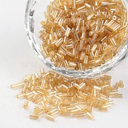 Tube Transparent Colours Pearl Luster Plated Round Hole Glass Bugle Beads, Wheat, 3~5x1.8~2mm, Hole: 0.8mm, about 1200pcs/50g(X-SEED-I001-102)