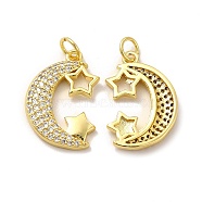 Rack Plating Brass Cubic Zirconia Pendants, with Jump Ring, Lead Free & Cadmium Free, Long-Lasting Plated, Crescent Moon with Star Charm, Real 18K Gold Plated, 20x13.5x3mm, Hole: 3.5mm(KK-G459-04G)