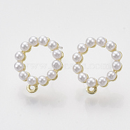 Alloy Stud Earring Findings, with ABS Plastic Imitation Pearl, Raw(Unplated) Pin and Loop, Round Ring, Golden, 15x13mm, Hole: 0.8mm, Pin: 0.7mm(PALLOY-N0149-09)