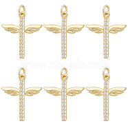 8Pcs Brass Micro Pave Clear Cubic Zirconia Pendants, with Jump Ring, Long-Lasting Plated, Cross with Wing, Real 18K Gold Plated, 25x21x3mm, Hole: 3mm(KK-BBC0010-41)
