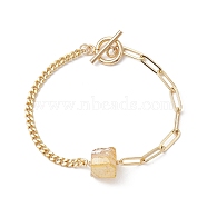 Electroplated Hexagon Prism Natural Quartz Link Bracelets, Brass Cuban Link Chain & Paperclip Chain Bracelets, Golden, Khaki, 7-5/8 inch(19.4cm)(BJEW-JB10753-05)