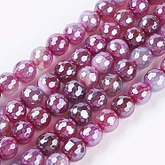 Natural Striped Agate/Banded Agate Beads Strands, Pearl Luster Plated, Faceted, Round, Old Rose, 8mm, Hole: 1.2mm, about 48~49pcs/strand, 15.1 inch~15.5 inch(38.5~39.5cm)(G-E537-01B-01)