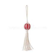 Natural Wood Bead Tassel Pendant Decoraiton, Cotton Thread Cords Hanging Ornament, Red, 128mm(HJEW-JM00954)