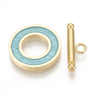 201 Stainless Steel Toggle Clasps, with Enamel, Ring, Golden, Turquoise, Ring: 19.5x2mm, Inner Diameter: 10mm, Bar: 21x7x3mm, Hole: 2mm(X-STAS-T037-06B-G)