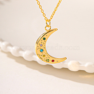 Brass Pendant Necklaces, Real 18K Gold Plated, Moon, 17.72 inch(450mm)(HA5496-2)