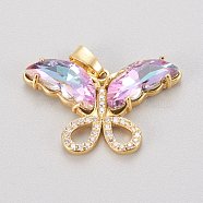 Brass Glass Pendants, with Clear Micro Pave Cubic Zirconia, Butterfly, Golden, Rose, 19.5~20x29.5~30x4.5mm, Hole: 5x3.5mm(KK-P186-B14)