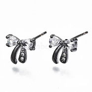 Brass Stud Earrings, with Clear Cubic Zirconia, Nickel Free, Bowknot, Gunmetal, 8.5x9mm, Pin: 0.7mm(KK-T062-43B-NF)