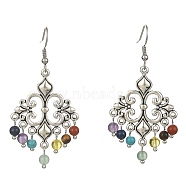 Natural & Synthetic Mixed Gemstone Chandelier Earrings, Tibetan Style Alloy Long Drop Earrings, Rhombus, 61x29mm(EJEW-TA00258-02)
