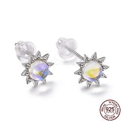 Rhodium Plated 925 Sterling Silver Sunflower Stud Earring Findings, Clear Moonstone Dainty Earrings for Girl Women, Platinum, 7.5x3.4mm, Pin: 0.8mm(EJEW-M202-03P)
