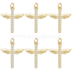 8Pcs Brass Micro Pave Clear Cubic Zirconia Pendants, with Jump Ring, Long-Lasting Plated, Cross with Wing, Real 18K Gold Plated, 25x21x3mm, Hole: 3mm(KK-BBC0010-41)