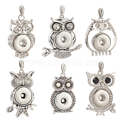 6Pcs 6 Style Alloy Rhinestone Hang Snap Base Pendants, for Interchangeable Snap Charms Jewelry Making, Owl, Antique Silver & Platinum, 43~52.5x27~45x5~8mm, Hole: 4x7mm, Inner Diameter: 5.5mm, 1pc/style(FIND-NB0003-51)
