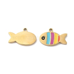 Ion Plating(IP) 316L Surgical Stainless Steel Pendants, Nickel Free, with Enamel, Fish Charm, Real 18K Gold Plated, 8x12.5x1.3mm, Hole: 1mm(STAS-H213-34G)