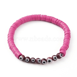 Polymer Clay Heishi Beads Stretch Bracelets, with Evil Eye Lampwork Round Beads, Medium Orchid, Inner Diameter: 2-1/8 inch(5.3cm)(BJEW-JB05905-02)