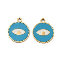 Ion Plating(IP) 316 Surgical Stainless Steel Pendants, Nickel Free, with Enamel, Real 18K Gold Plated, Flat Round with Eye Pattern, Deep Sky Blue, 18x15x1.5mm, Hole: 2mm(STAS-U014-60G-01)