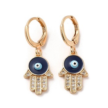 Hamsa Hand with Evil Eye Real 18K Gold Plated Brass Dangle Leverback Earrings, with Enamel and Cubic Zirconia, Midnight Blue, 30.5x11mm