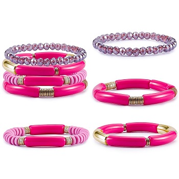 4Pcs 4 Style Acrylic Chunky Curved Tube Stretch Bracelet Sets, Polymer Clay & Glass Beads Stackable Bracelets for Women, Deep Pink, Inner Diameter: 2-1/8 inch(5.3cm), 1Pc/style