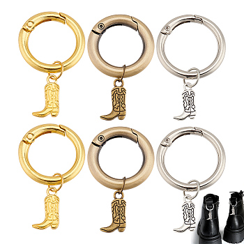 6Pcs 3 Colors Boot Alloy Shoe Charms, with Zinc Alloy Spring Gate Rings, Mixed Color, 45~52mm, 2pcs/colors