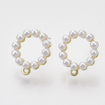 Alloy Stud Earring Findings, with ABS Plastic Imitation Pearl, Raw(Unplated) Pin and Loop, Round Ring, Golden, 15x13mm, Hole: 0.8mm, Pin: 0.7mm
