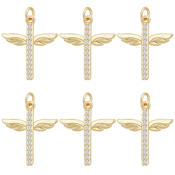 8Pcs Brass Micro Pave Clear Cubic Zirconia Pendants, with Jump Ring, Long-Lasting Plated, Cross with Wing, Real 18K Gold Plated, 25x21x3mm, Hole: 3mm
