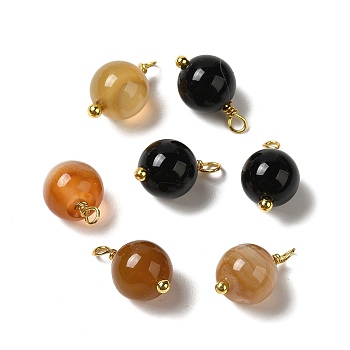 Dyed Natural Agate Round Charms with Real 18K Gold Plated Brass Loops, Mixed Color, 13.5~14x7.5~8.5mm, Hole: 1.5~1.6mm