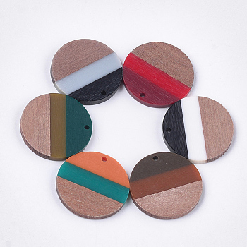Tri-color Resin & Walnut Wood Pendants, Flat Round, Mixed Color, 28x3.5mm, Hole: 2mm