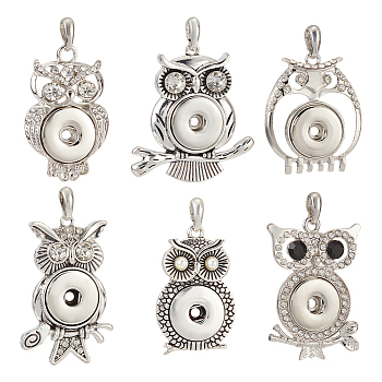 6Pcs 6 Style Alloy Rhinestone Hang Snap Base Pendants, for Interchangeable Snap Charms Jewelry Making, Owl, Antique Silver & Platinum, 43~52.5x27~45x5~8mm, Hole: 4x7mm, Inner Diameter: 5.5mm, 1pc/style