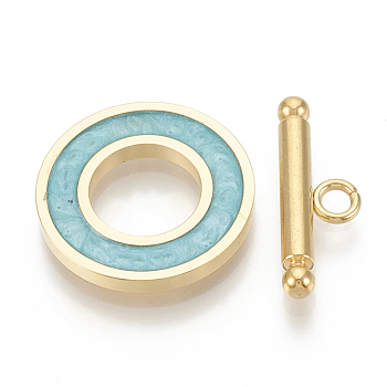 201 Stainless Steel Toggle Clasps, with Enamel, Ring, Golden, Turquoise, Ring: 19.5x2mm, Inner Diameter: 10mm, Bar: 21x7x3mm, Hole: 2mm