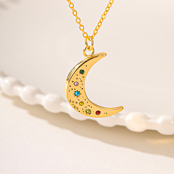 Brass Pendant Necklaces, Real 18K Gold Plated, Moon, 17.72 inch(450mm)