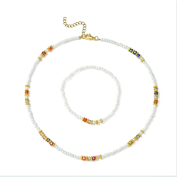 Glass Seed Beaded Necklace & Stretch Bracelet, Jewelry Set for Women, Colorful, 17-3/4 inch(45cm), 2-1/8 inch(5.4cm)