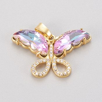 Brass Glass Pendants, with Clear Micro Pave Cubic Zirconia, Butterfly, Golden, Rose, 19.5~20x29.5~30x4.5mm, Hole: 5x3.5mm