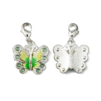 Silver Plated Alloy Enamel Rhinestone Pendants, with Brass Finding, Butterfly, Yellow Green, 33mm