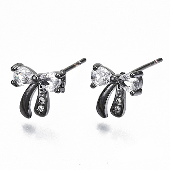 Brass Stud Earrings, with Clear Cubic Zirconia, Nickel Free, Bowknot, Gunmetal, 8.5x9mm, Pin: 0.7mm