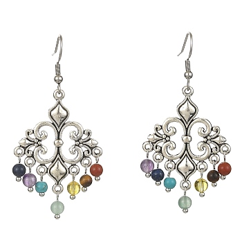 Natural & Synthetic Mixed Gemstone Chandelier Earrings, Tibetan Style Alloy Long Drop Earrings, Rhombus, 61x29mm