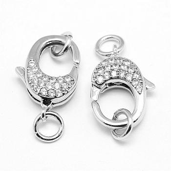 Brass Micro Pave Grade AAA Cubic Zirconia Lobster Claw Clasps, Lead Free & Nickel Free & Cadmium Free, Real Platinum Plated, 17x12x5mm, Hole: 3mm