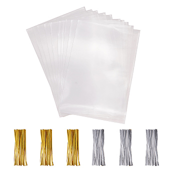 Rectangle OPP Cellophane Bags, with Plastic Iron Core Wire Twist Ties, Clear, 15x10cm