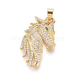 Brass Micro Pave Clear Cubic Zirconia Pendants, Horse Charms, Real 18K Gold Plated, 36x21x5mm, Hole: 4x6.5mm(KK-T080-04G)