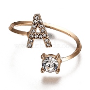 (Jewelry Parties Factory Sale)Alloy Cuff Rings, Open Rings, with Crystal Rhinestone, Golden, Letter.A, US Size 7 1/4(17.5mm)(RJEW-I075-01G-A)