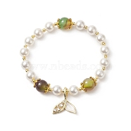 Dyed Natural Peacock Agate & Shell Pearl Round Beaded Stretch Bracelet, Clear Cubic Zirconia Whale Tail Charms Gemstone Bracelet for Women, Real 18K Gold Plated, Inner Diameter: 2-1/8 inch(5.3cm)(BJEW-TA00233)