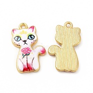 Rack Plating Alloy Pendants, Printed, Lead Free & Cadmium Free & Nickel Free, Cat Charm, Light Gold, White, 23x14x2mm, Hole: 1.6mm(FIND-H043-01LG-03)