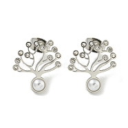 304 Stainless Steel & Rhinestone & ABS Plastic Pearl Stud Earrings, Polished, Tree of Life, Stainless Steel Color, 16x15mm(EJEW-G400-05P)