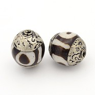 Tibetan Style dZi Beads, Natural Agate Beads, with Tibetan Style Alloy Findings, Round, Black, 14.5~16x11.5~13mm, hole: 1mm(X-SSB022)